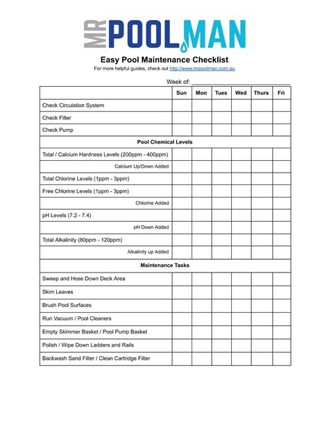 Printable Pool Maintenance Checklist